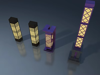 Various Designed Lanterns With Black Purple Bodies And Yellow Lattice Patterns On Base 3d model