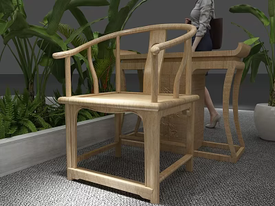 Chinese Style Natural Wooden Stool With Curved Armrests And Green Plants In Indoor Carpeted Space 3d model