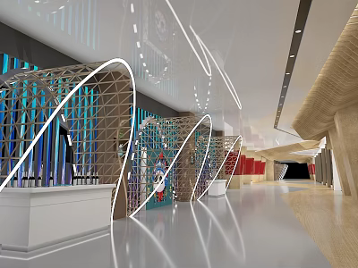 Modern Interior Space With Geometric Structures Curved Metal Frames And Red Seating Area 3d model