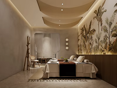 Luxury SPA Sauna Interior With Palm Leaf Murals Massage Bed And Soft Lighting 3d model