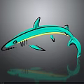 Green Shark With Yellow Stripes And Black Outline Showing Reflection on Dark Background