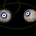 Two Human Eyes With Blue Irises And Green Circular Lines Against Black Background