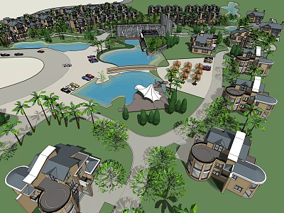 Residential Community Layout With Water Ponds Palm Trees Roads Cars And Buildings 3d model