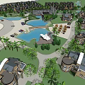 Residential Community Layout With Water Ponds Palm Trees Roads Cars And Buildings