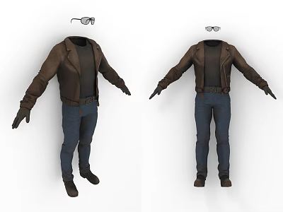Brown Leather Jacket With Black T Shirt Blue Jeans Black Gloves Brown Boots And Glasses 3d model