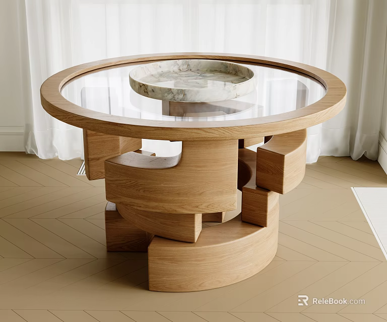 Round Glass Top Dining Table Featuring Geometric Wooden Base Marble Bowl And Light Wood Floor 3d model 