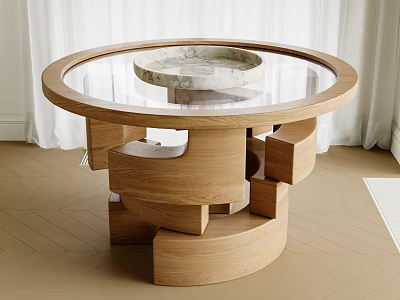 Round Glass Top Dining Table Featuring Geometric Wooden Base Marble Bowl And Light Wood Floor 3d model
