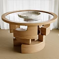 Round Glass Top Dining Table Featuring Geometric Wooden Base Marble Bowl And Light Wood Floor