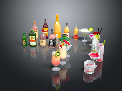 Assorted Wine Bottles And Cocktail Glasses With Colorful Drinks And Fruit Garnishes 3d model