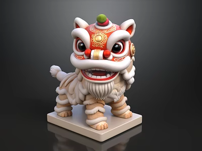 Traditional Chinese Lion Dance Statue With Red White And Green Decorative Elements On Square Base 3d model