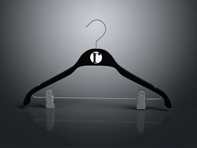Black Clothes Hanger With Round Logo And White Clips As Household Item 3d model
