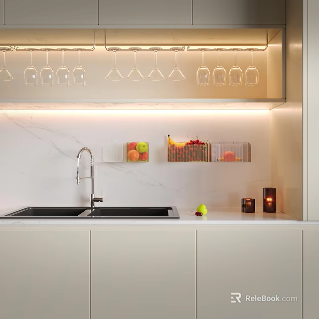 Modern Kitchen Interior Design With Marble Countertop Hanging Glasses Sink Fruits And Candles 3d model 