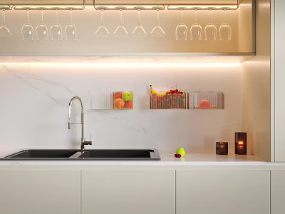 Modern Kitchen Interior Design With Marble Countertop Hanging Glasses Sink Fruits And Candles 3d model