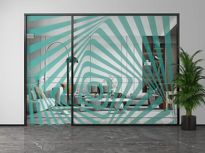 Modern Interior With Teal Geometric Pattern Glass Sliding Doors And Green Plant 3d model