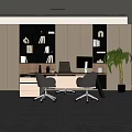 Modern Office Interior Design With Desk Chairs Bookshelves Computer Monitor And Potted Plant
