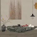 Natural Stone Coffee Table With Wooden Wall Art Pendant Light Plants Tea Set And Fruits