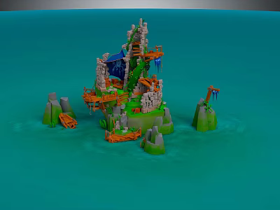 3D Island Scene With Rocky Cliffs Wooden Bridges And Green Vegetation 3d model