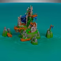 3D Island Scene With Rocky Cliffs Wooden Bridges And Green Vegetation