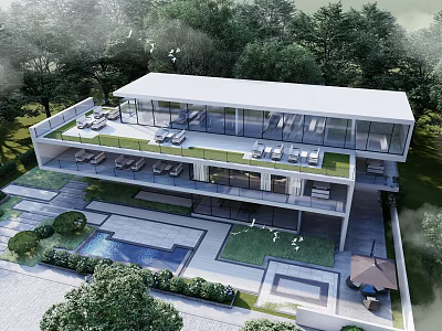 Modern Detached Villa with Green Roof Large Glass Windows Swimming Pool Terrace and Lush Garden 3d model