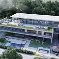 Modern Detached Villa with Green Roof Large Glass Windows Swimming Pool Terrace and Lush Garden