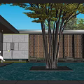 Garden Landscape With Glass Roof Outdoor Seating Water Feature And Red Maple Trees