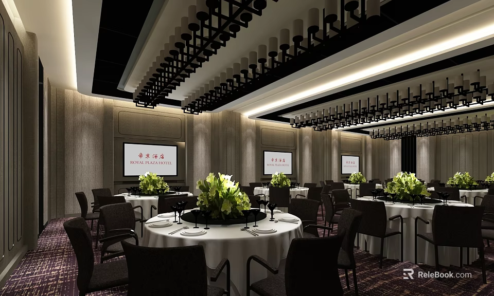Luxurious Private Dining Room Interior With Round Tables Green Plant Decor And Chairs 3d model 
