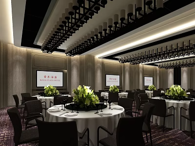 Luxurious Private Dining Room Interior With Round Tables Green Plant Decor And Chairs 3d model