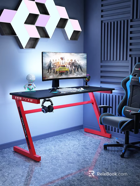 Modern Gaming Study Room With Black Desk Red Legs Gaming Chair And Computer Monitor 3d model 