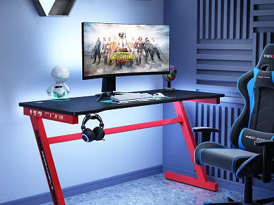 Modern Gaming Study Room With Black Desk Red Legs Gaming Chair And Computer Monitor 3d model