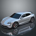 Silver Porsche Electric Hatchback With Black Windows And Large Wheels On Reflective Surface 3d model