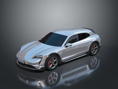Silver Porsche Electric Hatchback With Black Windows And Large Wheels On Reflective Surface 3d model