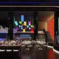 Modern Bar with Colorful Pendant Lights Black Wall Blue Lighting Large Screen Performer Dining Setup