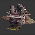 Cartoon Style Fantasy Ruins Scene with Round Towers Moss Covered Platforms and Weathered Stone Structures
