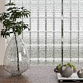 Transparent Teardrop Vase With Green Plant On Wooden Tabletop And Decorative Green Fruits Gray Spheres