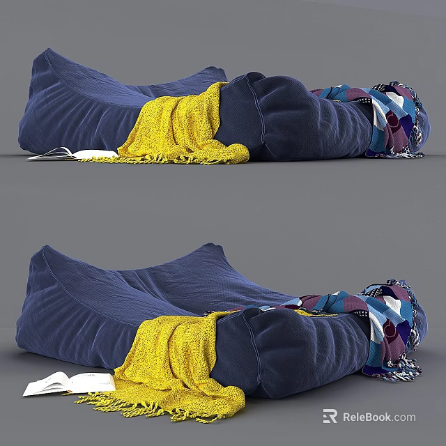 Cozy Blue Sofa Bench With Soft Plush Fabric And Colorful Throw Blankets 3d model 
