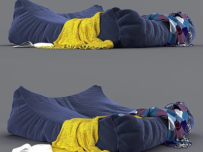 Cozy Blue Sofa Bench With Soft Plush Fabric And Colorful Throw Blankets 3d model