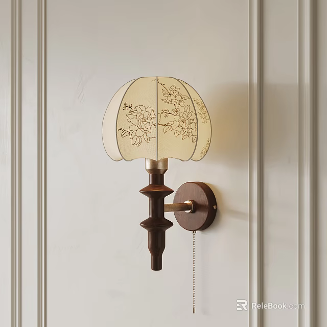 Elegant Cream Wall Lamp With Floral Pattern And Dark Brown Wooden Pole On Light Wall 3d model 