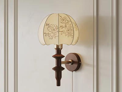 Elegant Cream Wall Lamp With Floral Pattern And Dark Brown Wooden Pole On Light Wall 3d model
