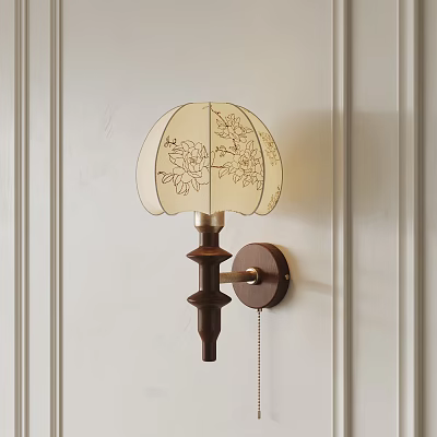 Elegant Cream Wall Lamp With Floral Pattern And Dark Brown Wooden Pole On Light Wall 3d model