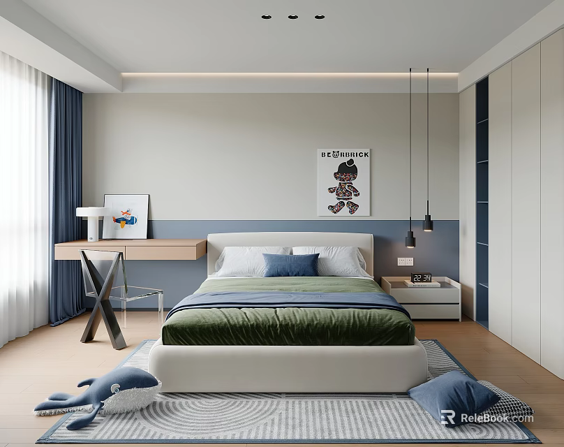 Kids Room Interior Design With Bed Green Bedding Blue Pillows Desk Chair Rug And Poster 3d model 