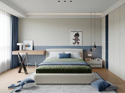 Kids Room Interior Design With Bed Green Bedding Blue Pillows Desk Chair Rug And Poster 3d model