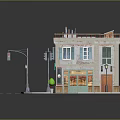Cartoon Corner Building Scene with Pauline Store Sign Potted Plants Street Lamp and Traffic Light
