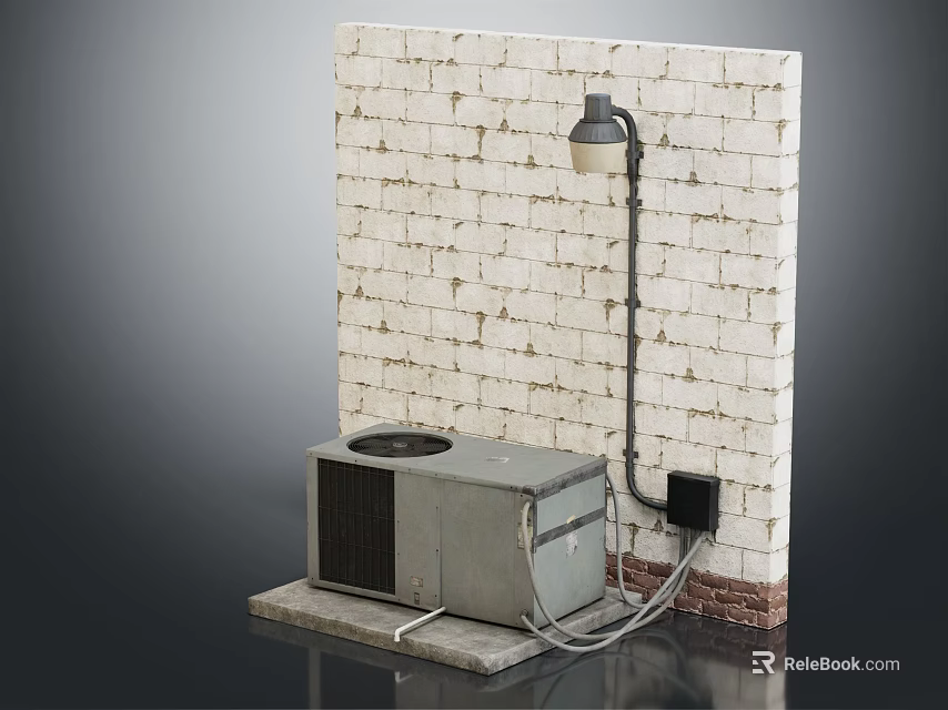 Air Conditioner Fan On Gray Platform By White Brick Wall With Wall Light 3d model 