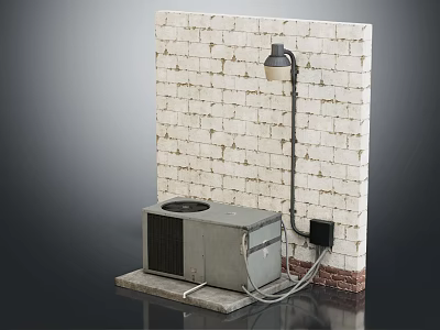 Air Conditioner Fan On Gray Platform By White Brick Wall With Wall Light 3d model