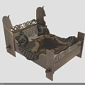 Multi Person Wooden Bed With Carved Design Striped And Animal Fur Pattern Blanket Pillows