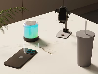 Decorative Ornament Combination With Mobile Phone Phone Stand Ambient Light Thermal Cup And Plant Leaves 3d model