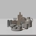 Ceramic Mugs Plates Wooden Cutting Board And Kettle Kitchenware Collection Set 3d model