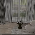Light Gray Sheer Curtains By Window With White Chair Wooden Floor And Green Plant