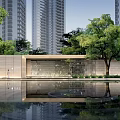 Serene Modern Courtyard With Pool Reflection Tall Buildings And Green Trees