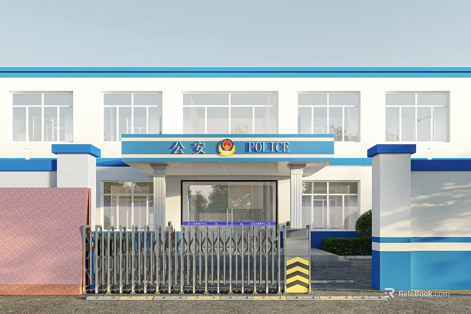 Aerial Planning of Police Station Exterior with White Blue Facade Police Signage and Security Gate 3d model 